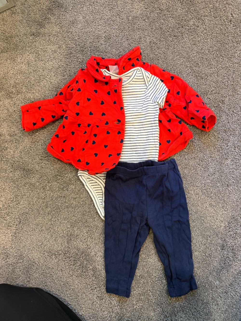 Red Heart Print Jacket with Navy Striped Bodysuit & Navy Pants Set
